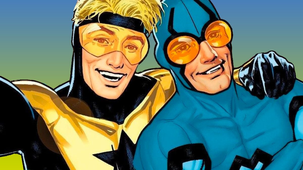 Blue Beetle and Booster Gold standing together with arms around each other