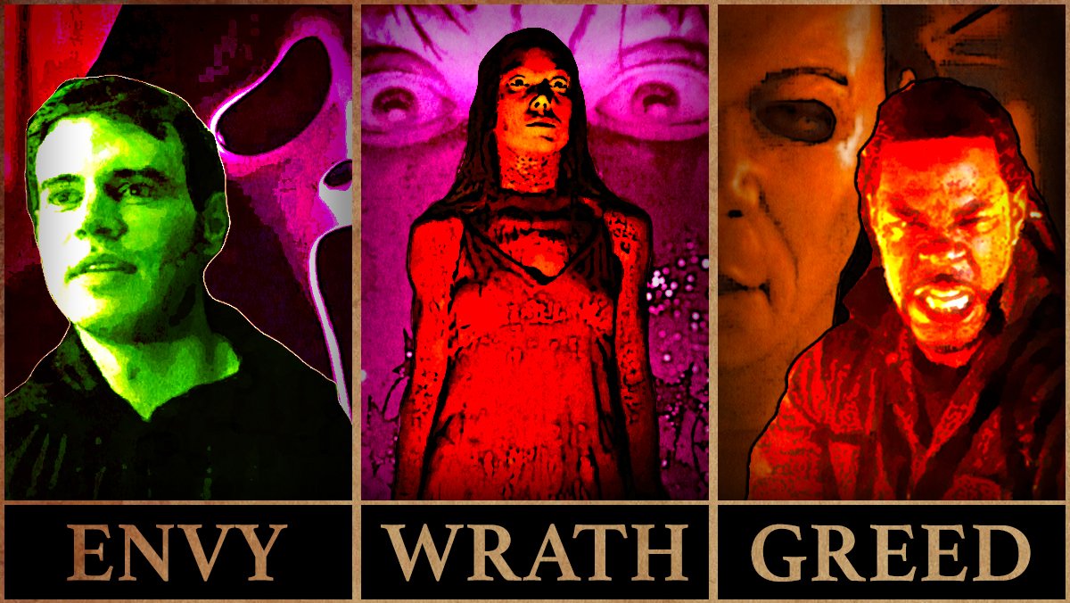 Horror movie tropes as seven deadly sins post with roman bridger for envy, carrie for wrath, and halloween h20 for greed