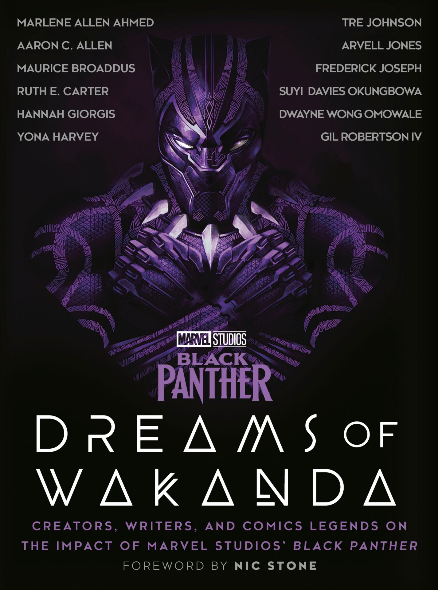 The cover of the book Black Panther: Dreams of Wakanda featuring the Black Panther in purple
