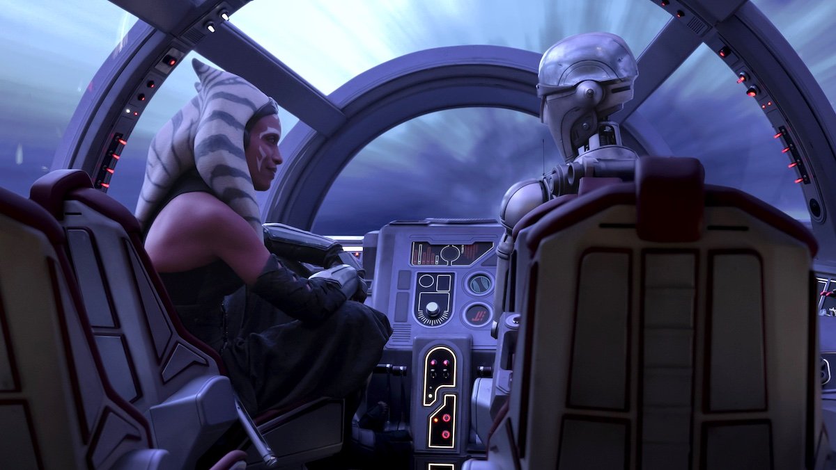 Ahsoka and Huyang look at each other while in hyperdrive
