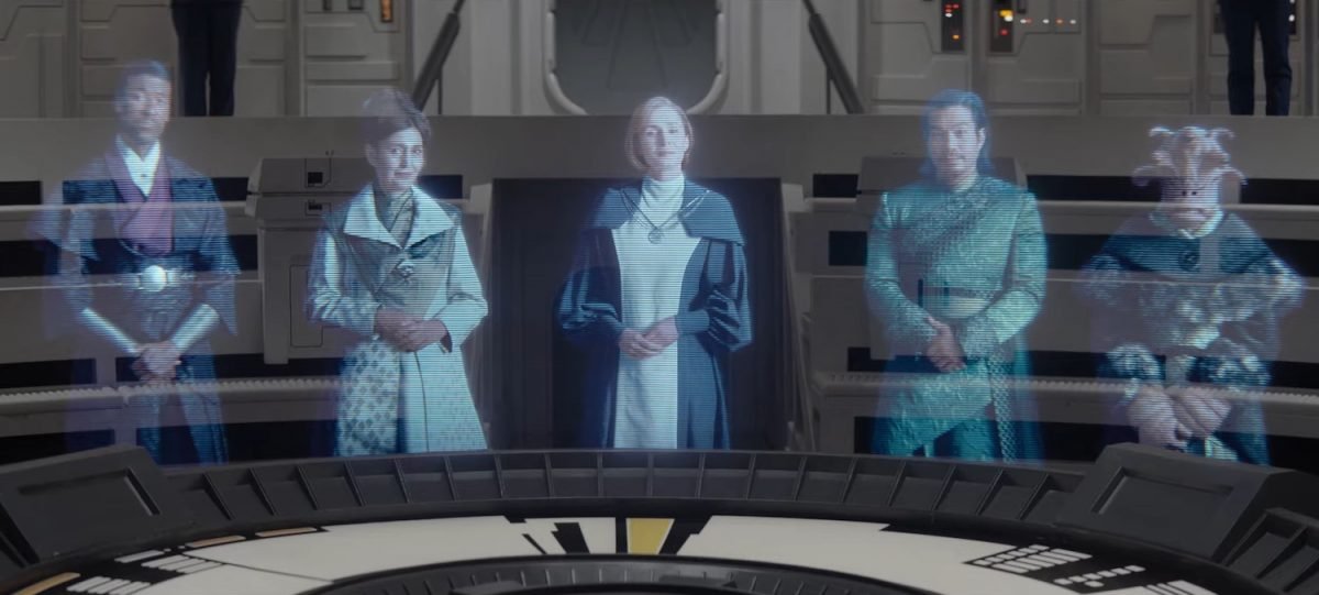 Mon Mothma and other New Republic officials in hologram form on Ahsoka