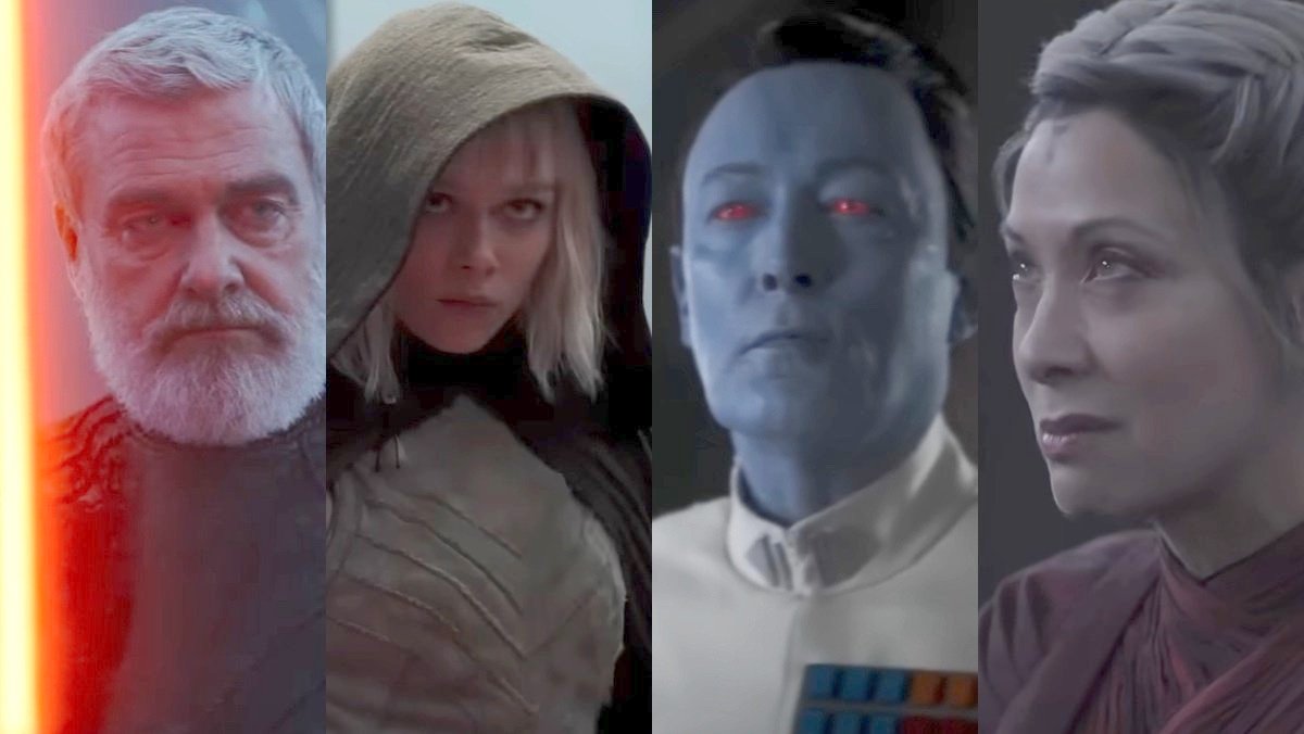 Headshots of four villains from Ahsoka, from left to right: Baylan Skoll with orange lightsaber, Shin Hati in a black hood, Blue-skinned Thrawn, and Morgan Elsbeth smirking
