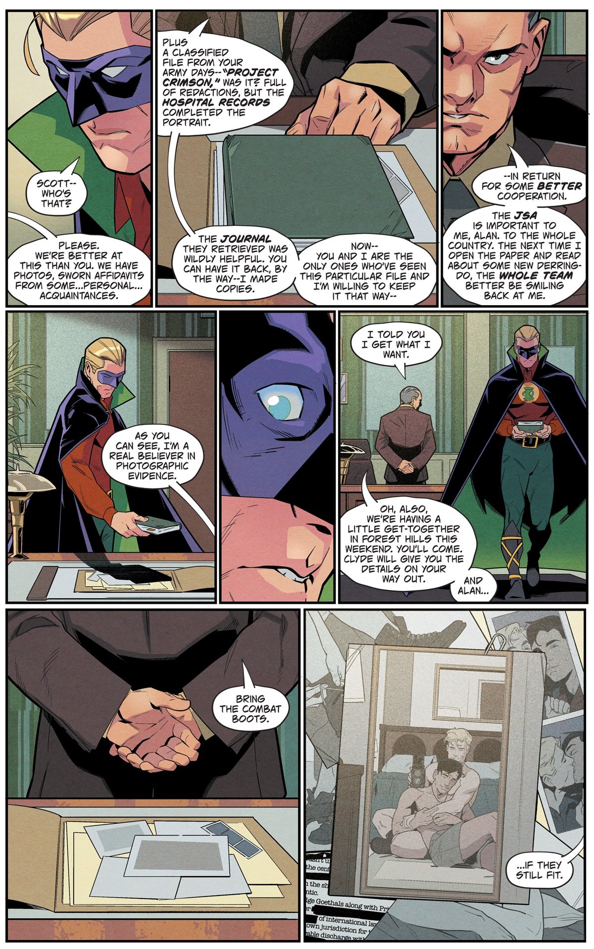 J. Edgar Hoover tries to blackmail Alan Scott into joining the JSA in Alan Scott: Green Lantern #1, art by Cian Tormey. 