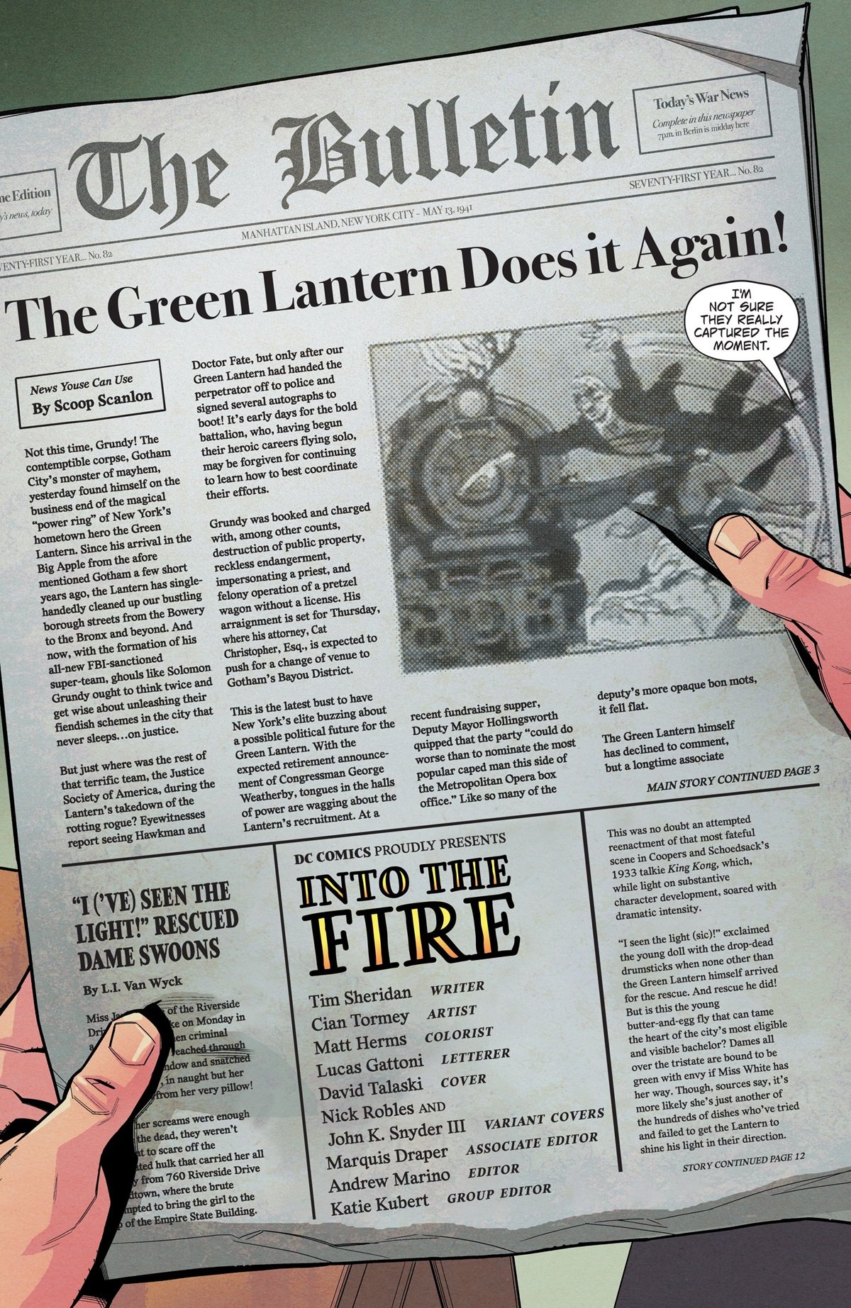 Page 2 of Alan Scott: Green Lantern reveals his newspaper headling making heroics. 