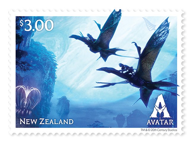 Avatar stamp featuring creatures of Pandora in flight from the Way of Water