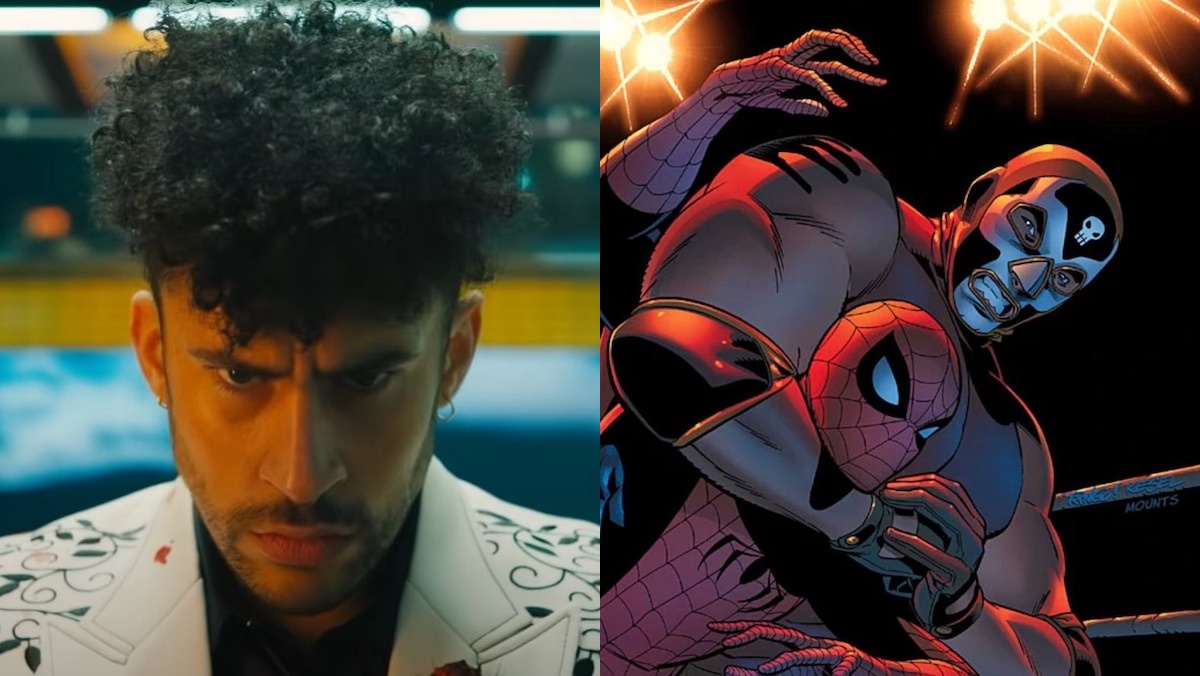 Bad Bunny looks serious in a still from Bullet Train and El Muerto puts Spider-Man in a headlock in Marvel Comics