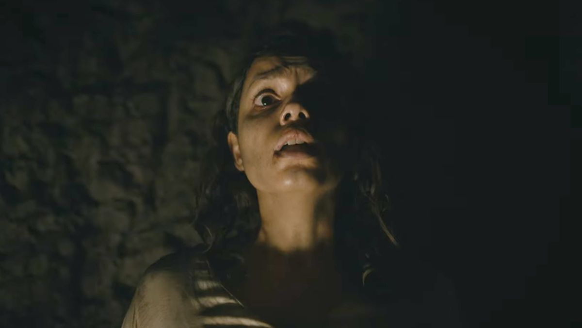 a woman stands in a dark room with a look of terror in barbarian trailer