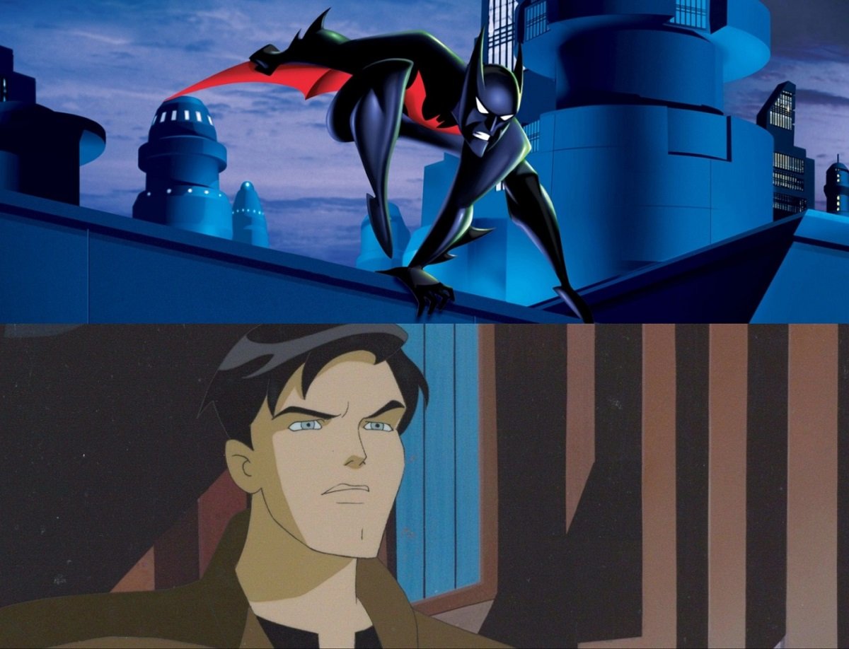 Batman prowls rooftops in the '90s animated series Batman Beyond,