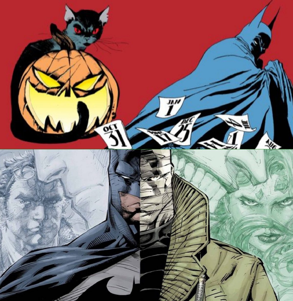 Tim Sale's art from Batman: The Long Halloween, and Jim Lee's art from Hush, both written by Jeph Loeb. 
