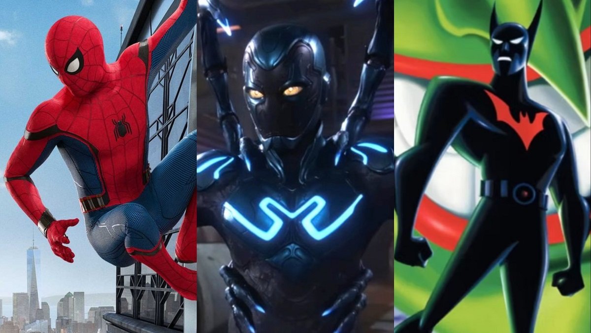 (L to R) The MCU Spider Man, Blue Beetle, and Batman Beyond. 