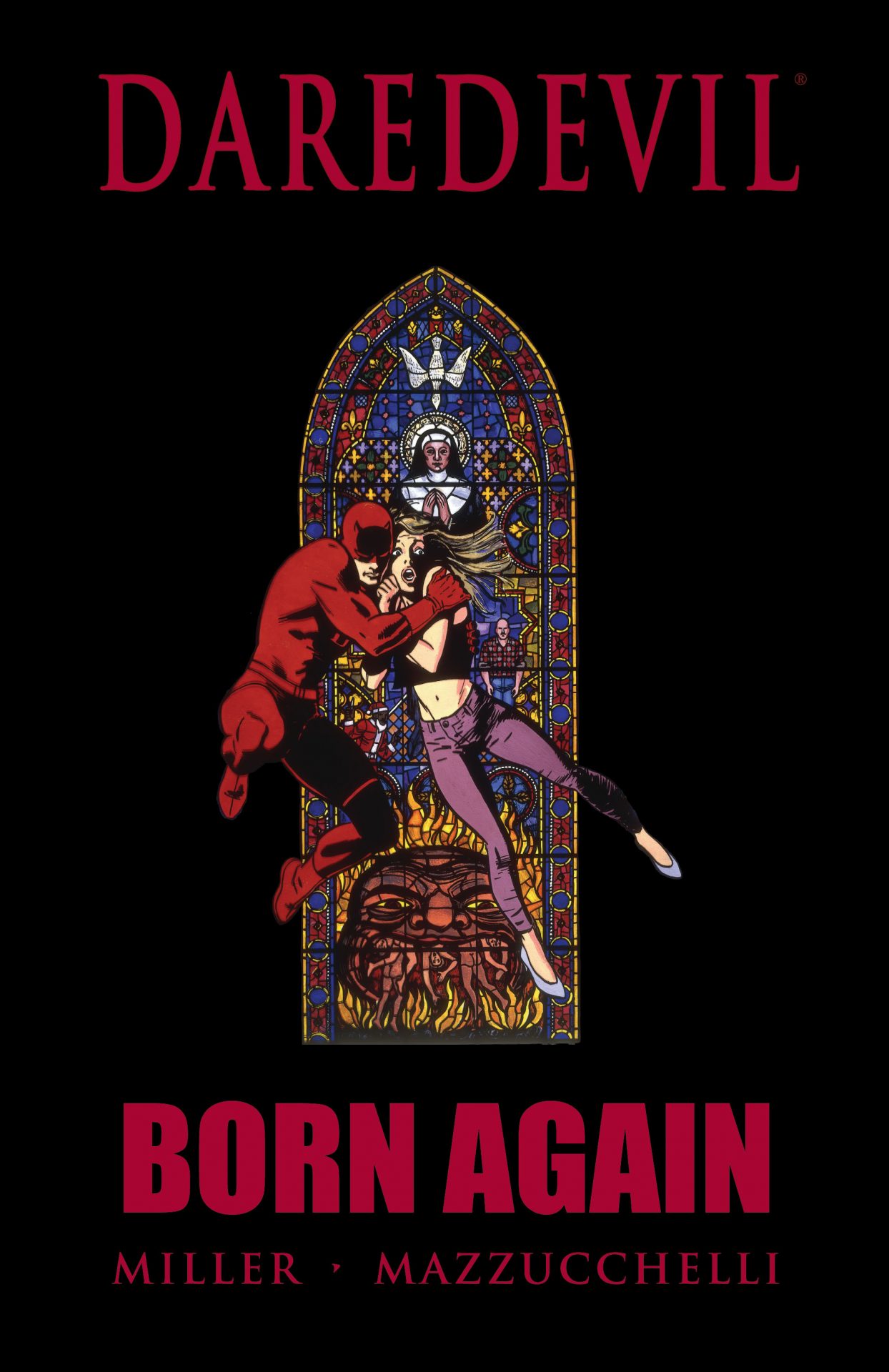 The cover for Daredevil Born Again shows Daredevil swinging in front of a stained glass window with Karen Page