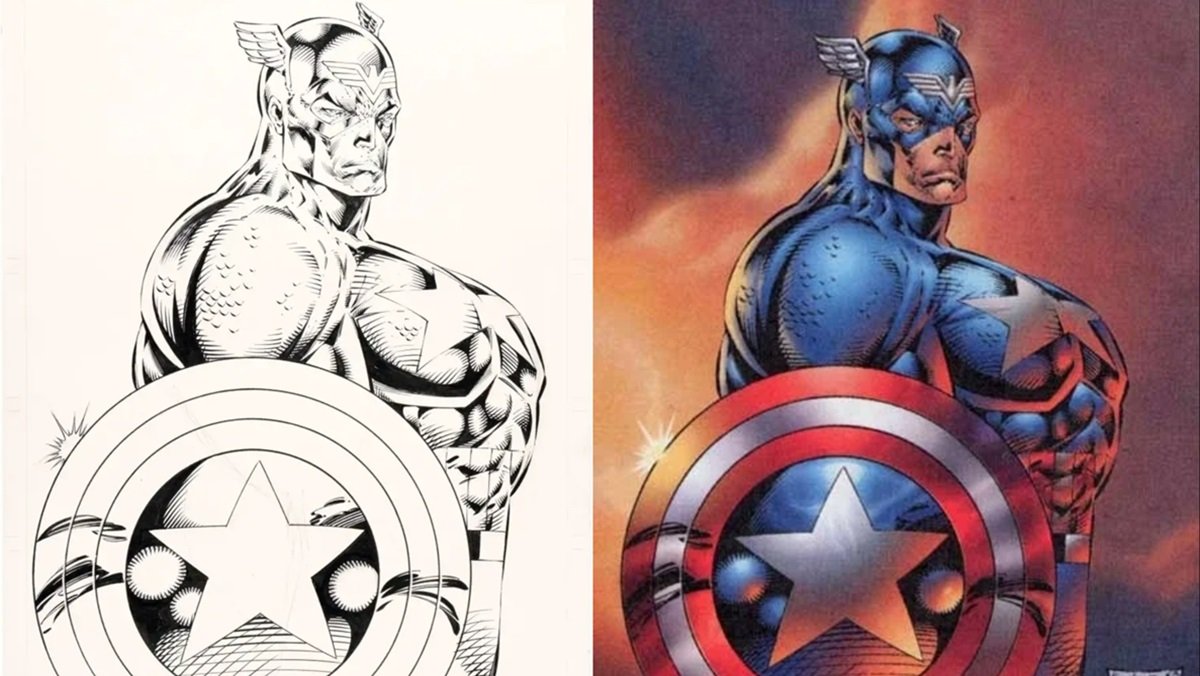 Rob Liefeld's 1996 rendition of Captain America for Marvel Comics' Heroes Reborn initiative. 