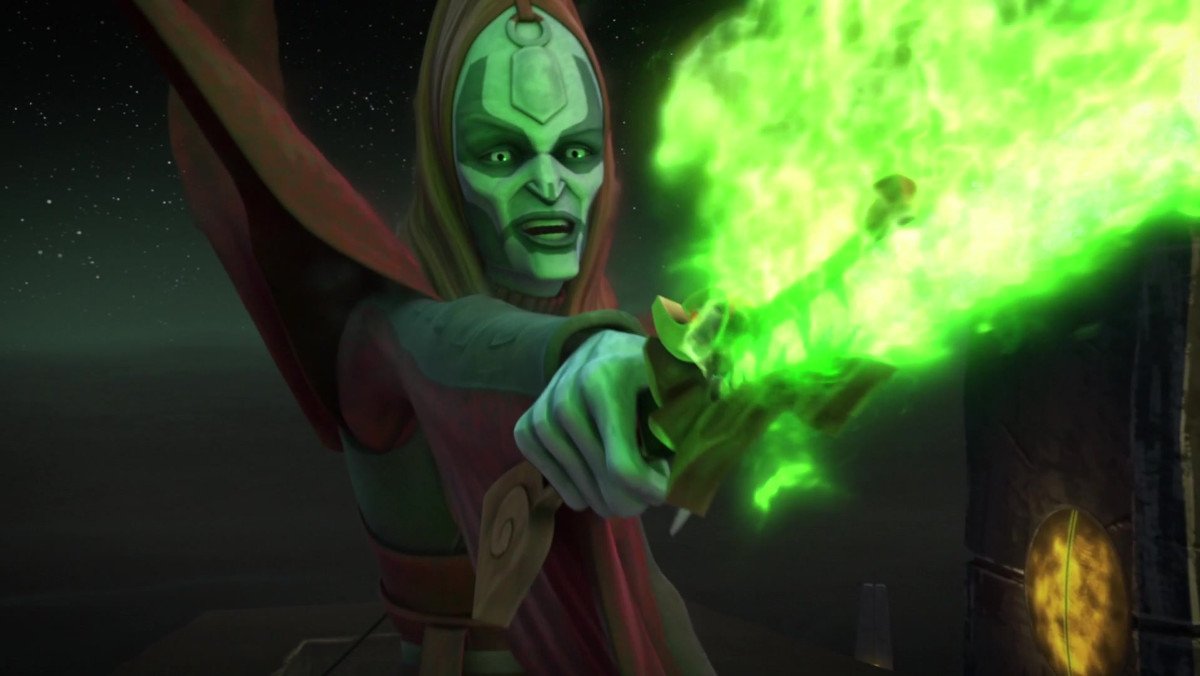 Mother Talzin wielding the Blade of Talzin in The Clone Wars, green flame surrounding it