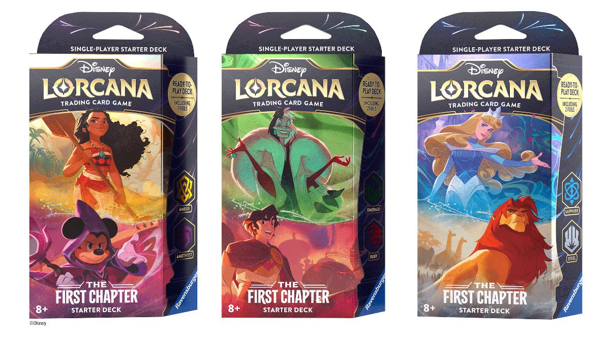 The three Disney Lorcana starter decks with Moana, Cruella, and Aurora on the fronts