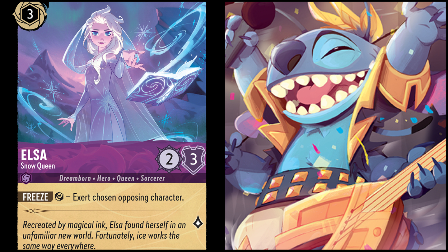 The Elsa and Stitch trading cards for Disney Lorcana