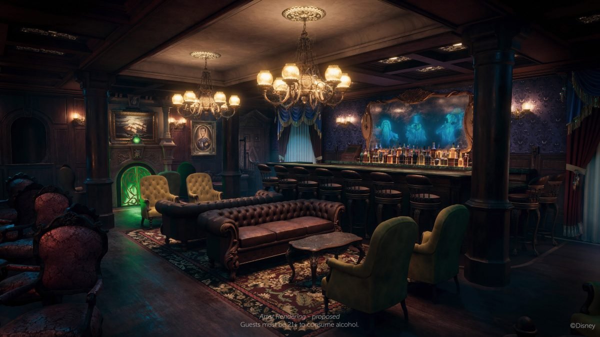 A look at the Haunted Mansion bar with the hitchhiking ghosts behind the bar and a fake fireplace