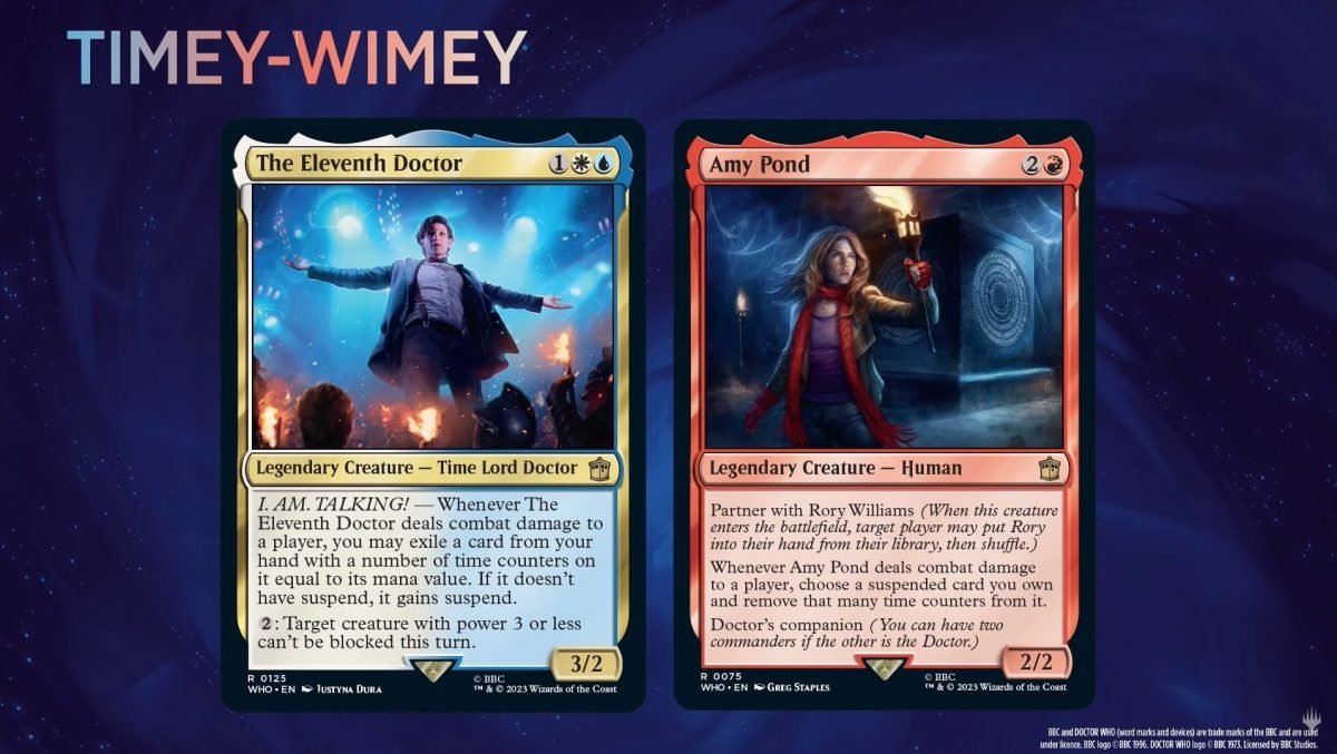 Eleventh Doctor and Amy Pond cards from Doctor Who Magic: The Gathering.