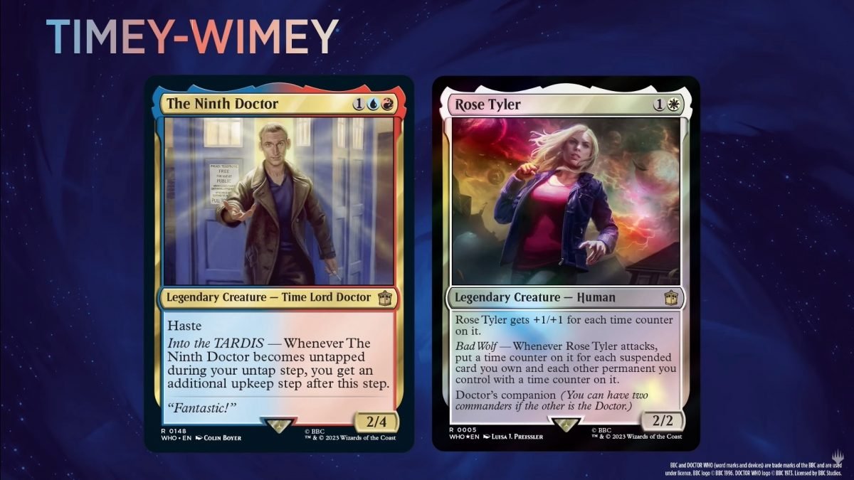 Ninth Doctor and Rose Tyler cards from Doctor Who Magic: The Gathering.