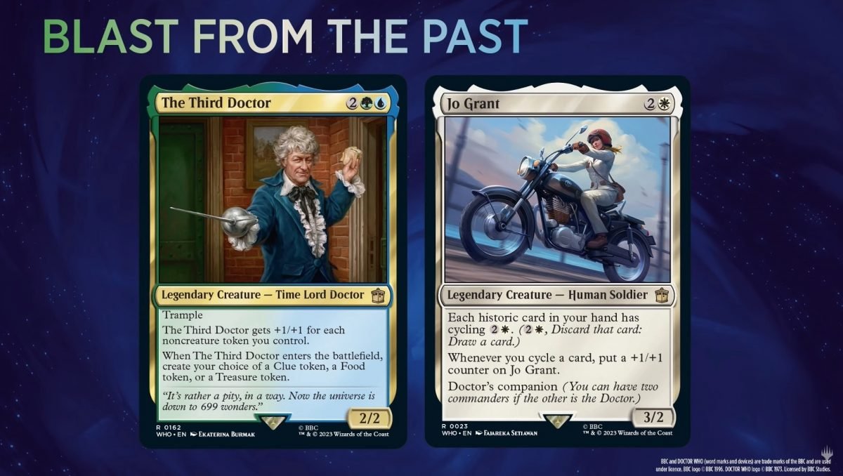 Third Doctor and Jo Grant cards from Magic: The Gathering Doctor Who