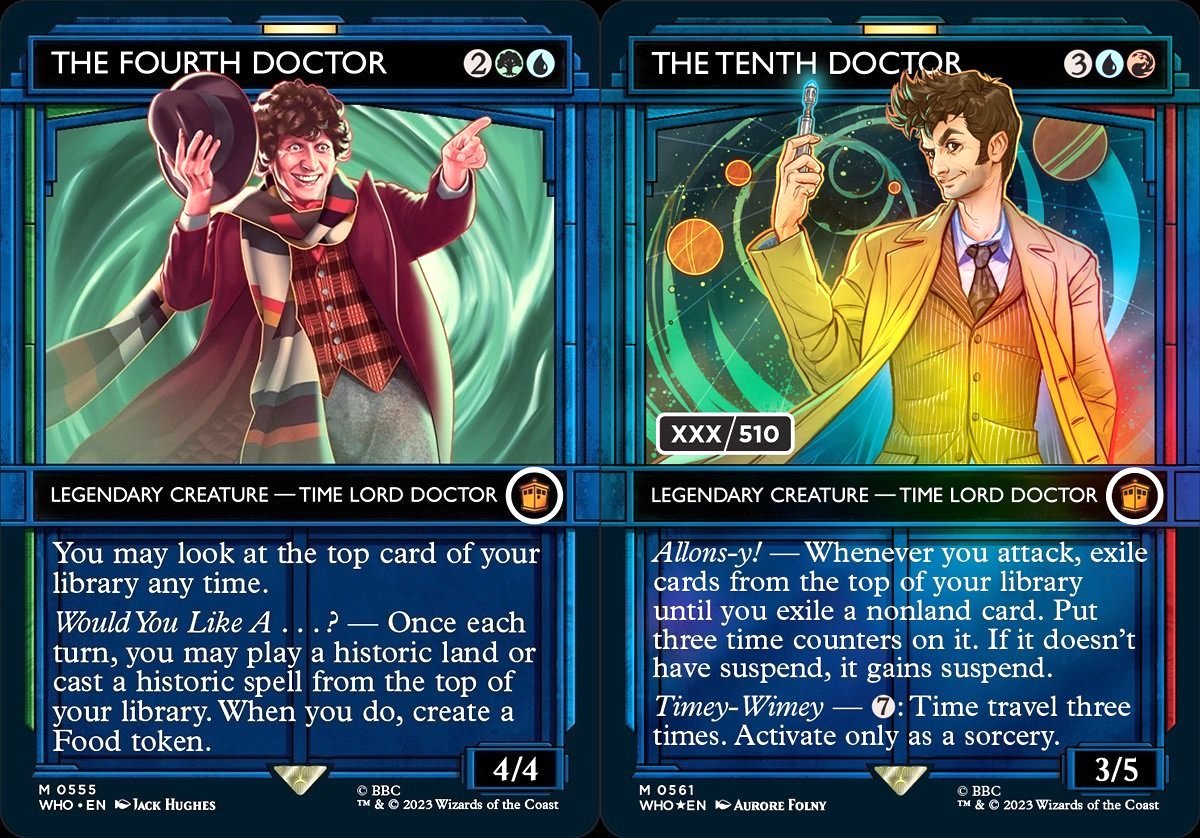 Two Doctor Who cards in the Magic: The Gathering series, the left with the Fourth Doctor, the right with the Tenth.