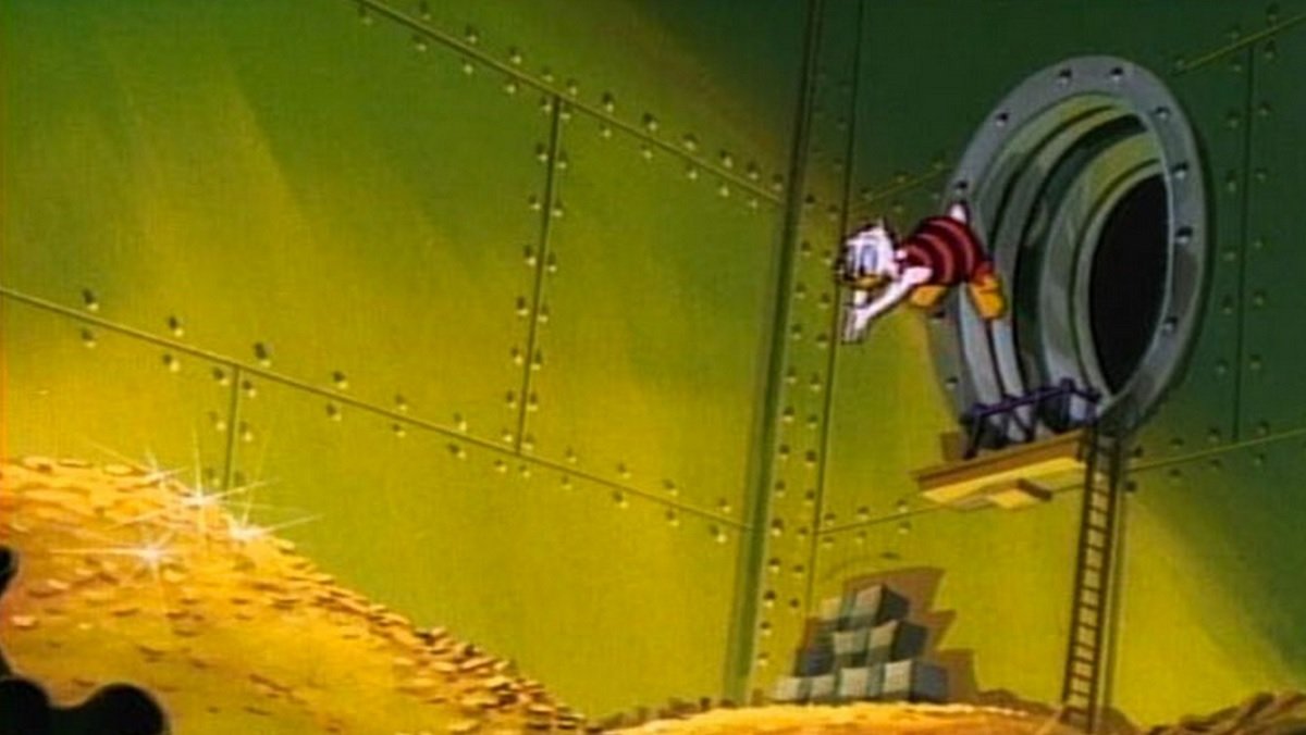 A shot from DuckTales of Scrooge McDuck diving into the pile of gold coins in his money bin like it's a swimming pool.