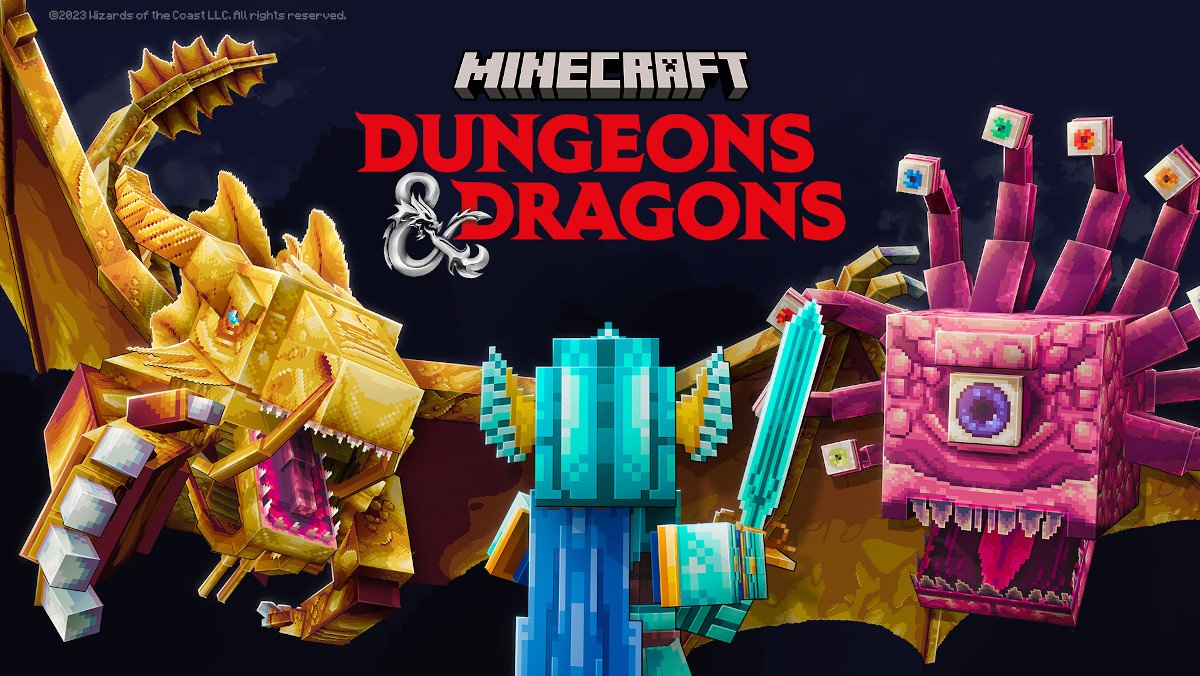 Key art for the Dungeons & Dragons Minecraft DLC show D&D characters in Minecraft block style