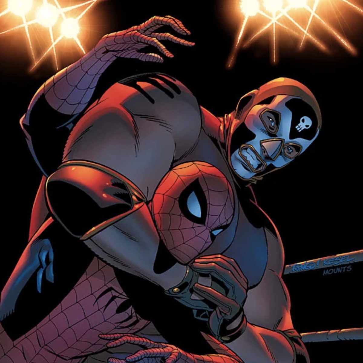 El Muerto puts Spider-Man in a headlock in Marvel Comics