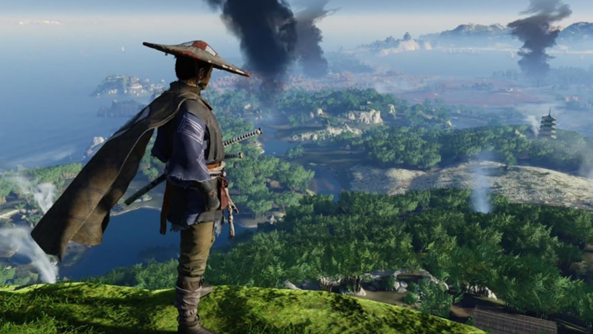 The lead character of Ghost of Tsushima surveys the vast game landscape.