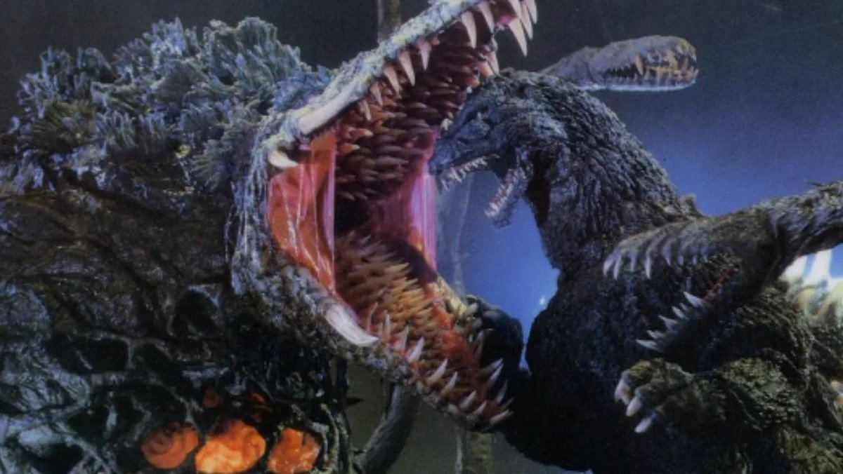 Godzilla faces off against the much-larger, crocodile-meets-plant monster Biollante.
