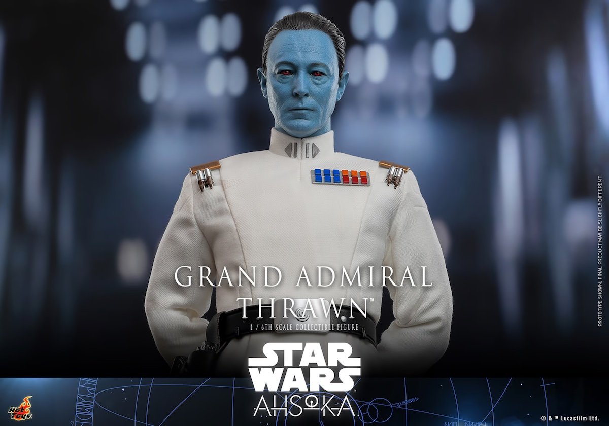 Hot Toys grand Admiral Thrawn figure facing forward with his hands behind his back.
