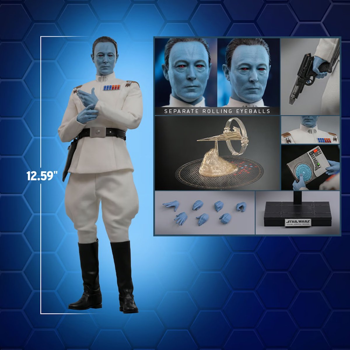 A display for Hot Toys' Grand Admiral Thrawn figure with inserts showing all of the extras that come with it