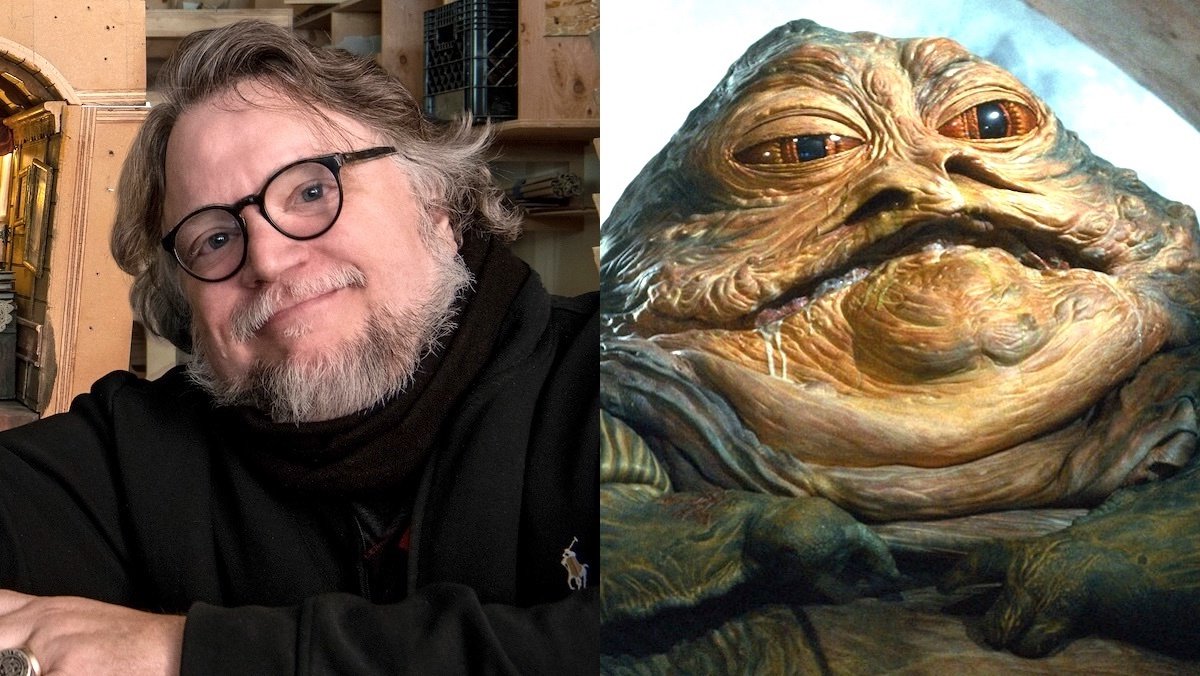 Guillermo del Toro in a black shirt and glasses split with Jabba the Hutt