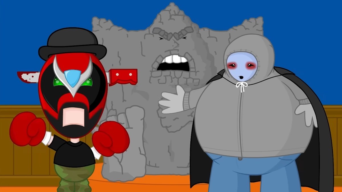Strong Bad, Strong Mad, and Stong Sad dressed in Halloween costumes in a Homestar Runner Ween 'toon