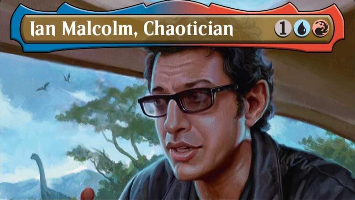 Close up of Wizards of the Coast's new Jurassic Park Dr. Ian Malcolm Magic: The Gathering card.
