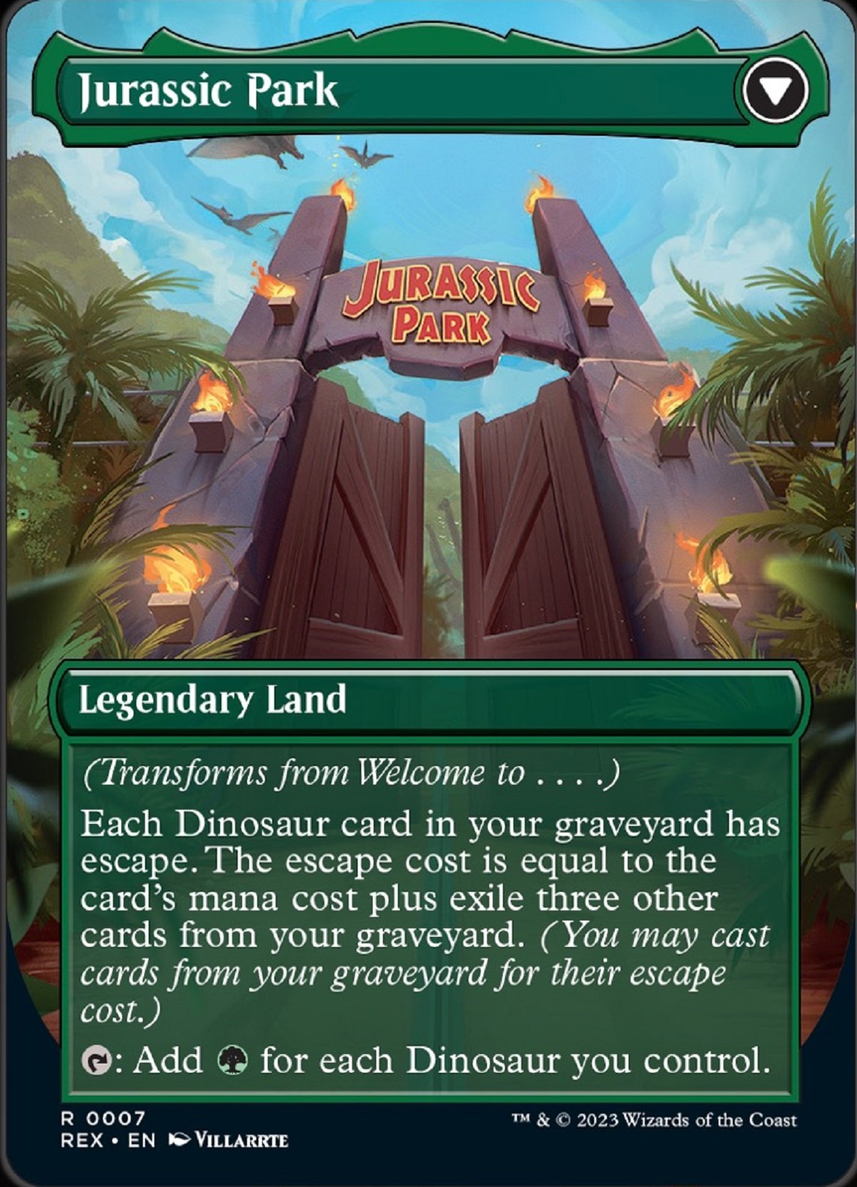 Wizards of the Coast's new Jurassic Park u0022Welcome to Jurassic Parku0022 Magic: The Gathering card.