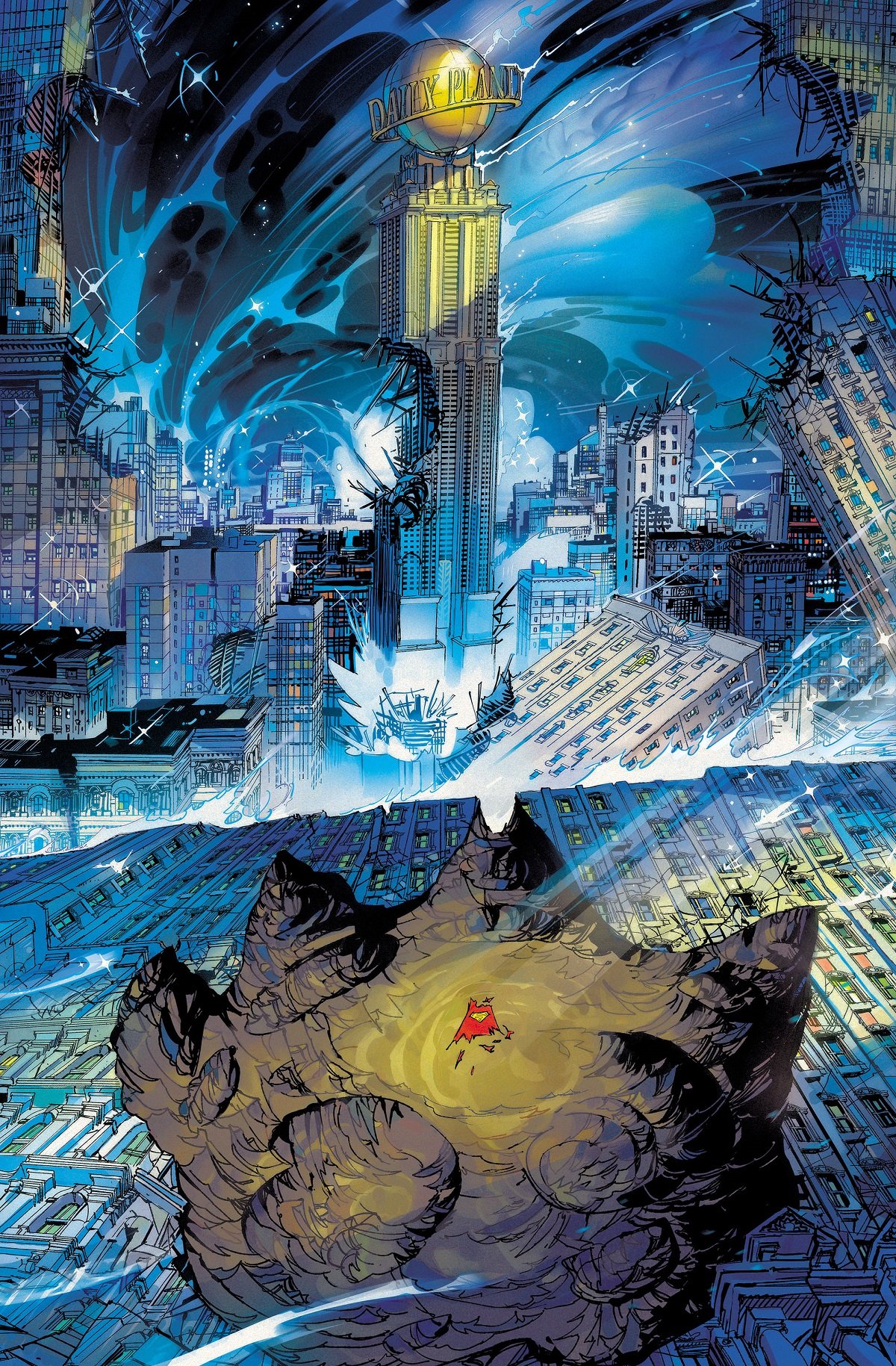 Metropolis is wrecked in the 1:50 variant cover for issue #3 of Justice League vs. Godzilla vs. Kong, by artist Arist Deyn.