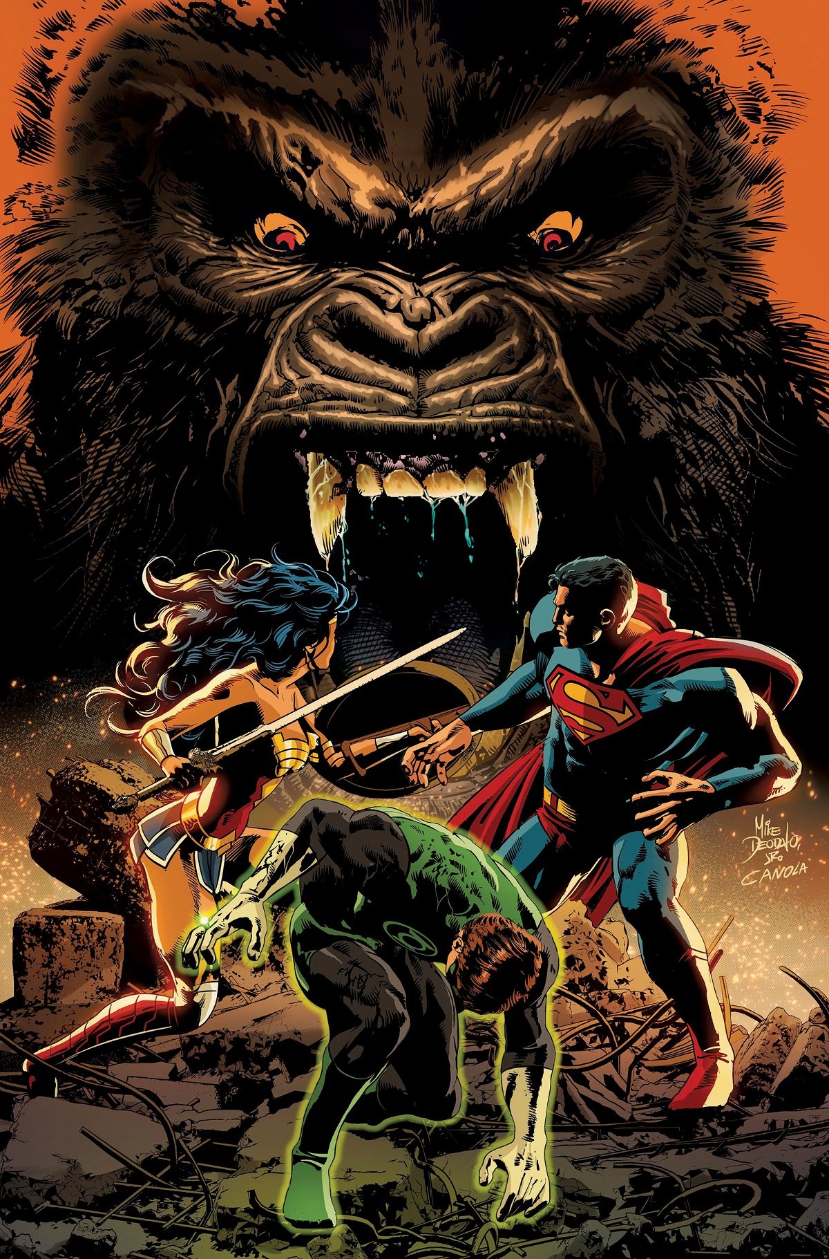 Wonder Woman, Superman, and Green Lantern take on Kong, in the third issue variant cover for Justice League vs. Godzilla vs. Kong, by Mike Deodato Jr.