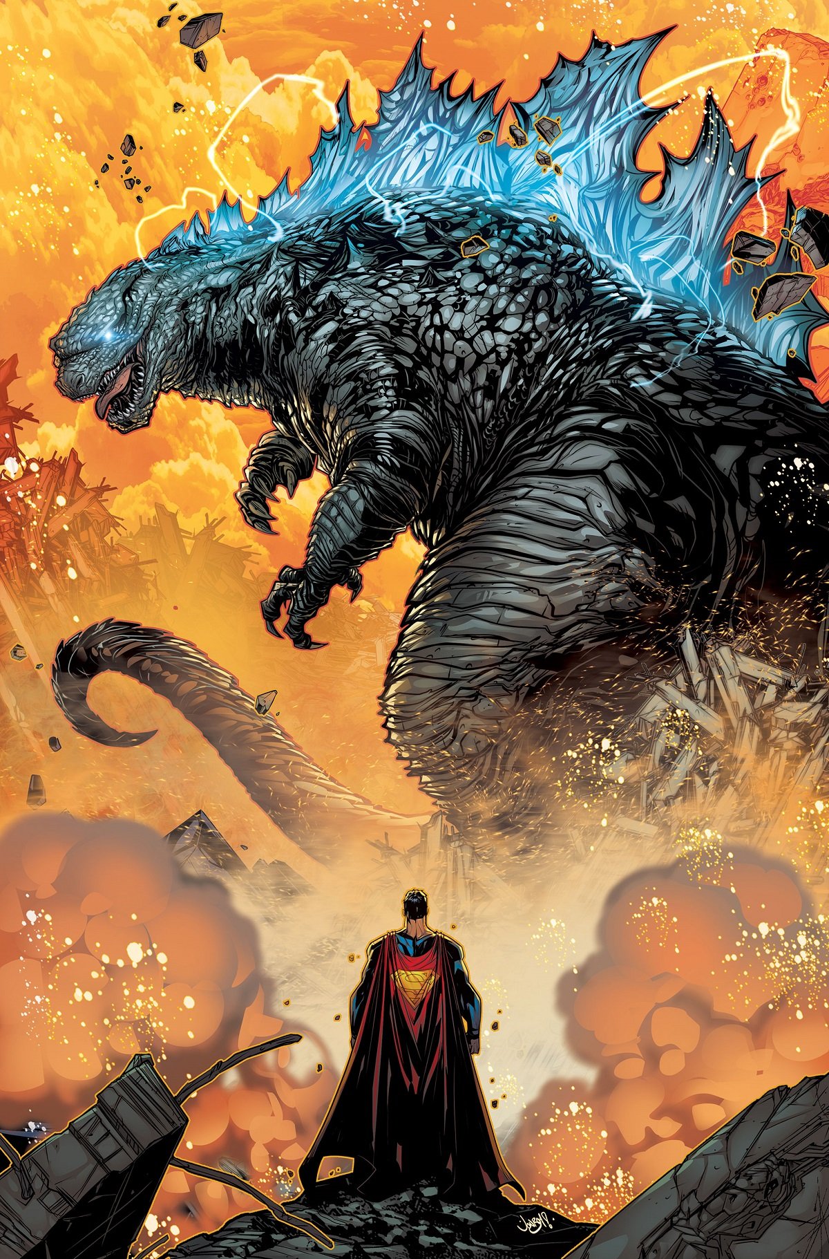 Superman faces the King of the Monsters, in the variant cover for Justice League vs. Godzilla vs. Kong, art by Jonboy Meyers.