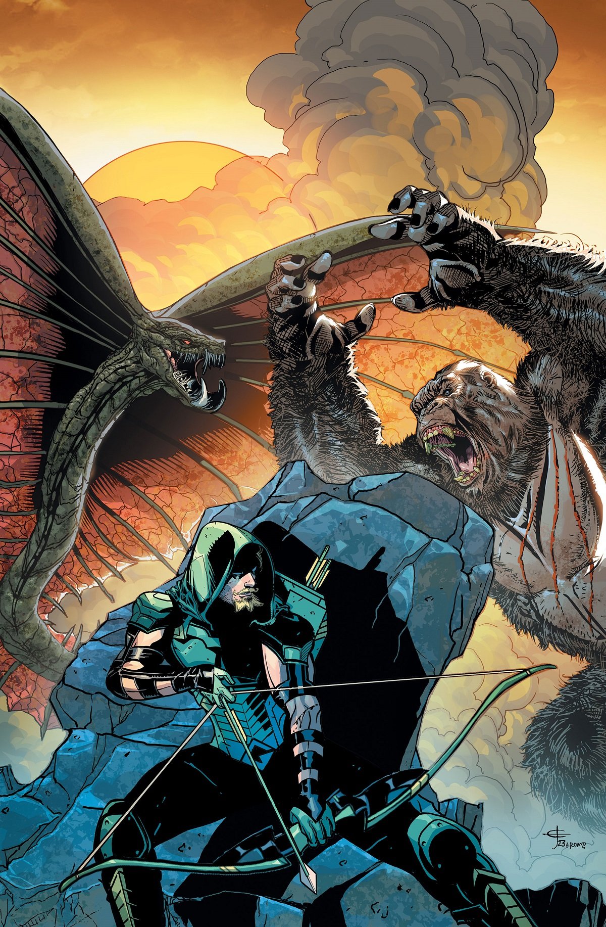 Green Arrow vs. Kong and other monsters, in the cover for Justice League vs. Godzilla vs. Kong #3