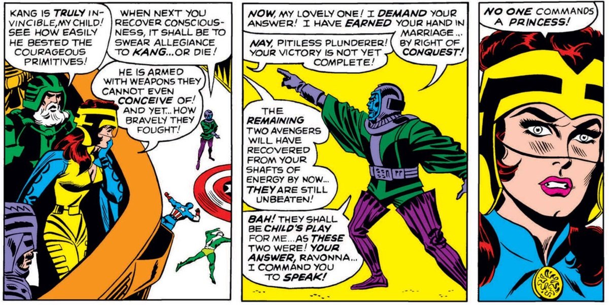 Kang tries to win Ravonna Renslayer's love in an early issie of Avengers from the '60s. 