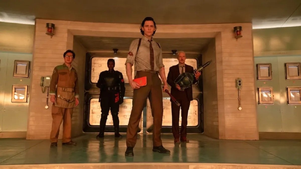 Loki (Tom Hiddleston) O.B. (Ke Huy Quan) Hunter B15 (Wunmi Mosaku) and Mobius (Owen Wilson) in the TVA in Loki season 2.
