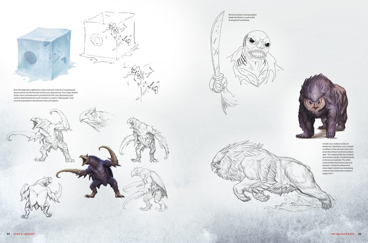 Sketches of creatures from Lore & Legends, a Dungeons & Dragons art book, showing the gelatinous cube, a wereshark, and owlbear sketches.