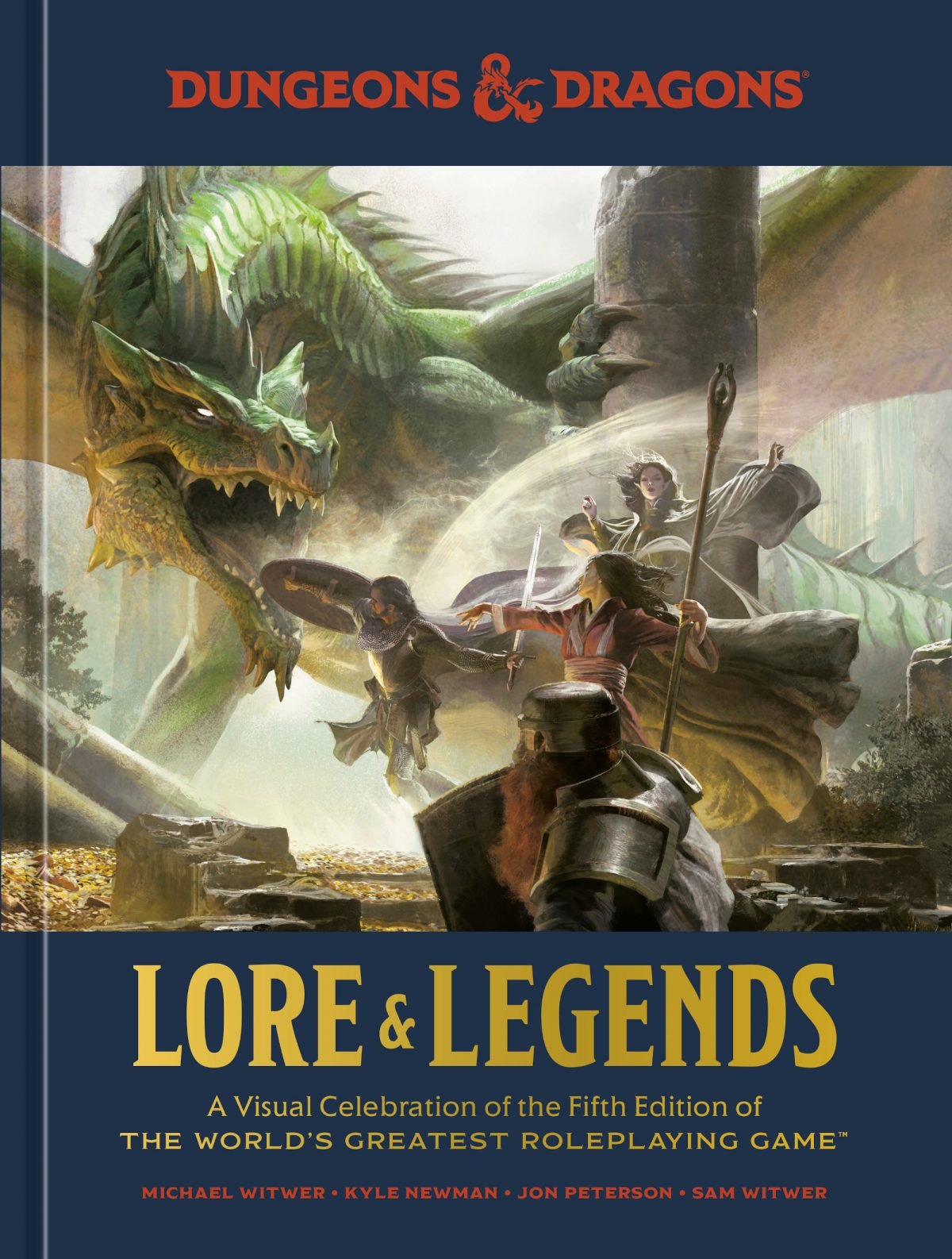 Heroes fight a dragon on the cover of Lore & Legends: A Visual Celebration of the Fifth Edition of the World's Greatest Roleplaying Game