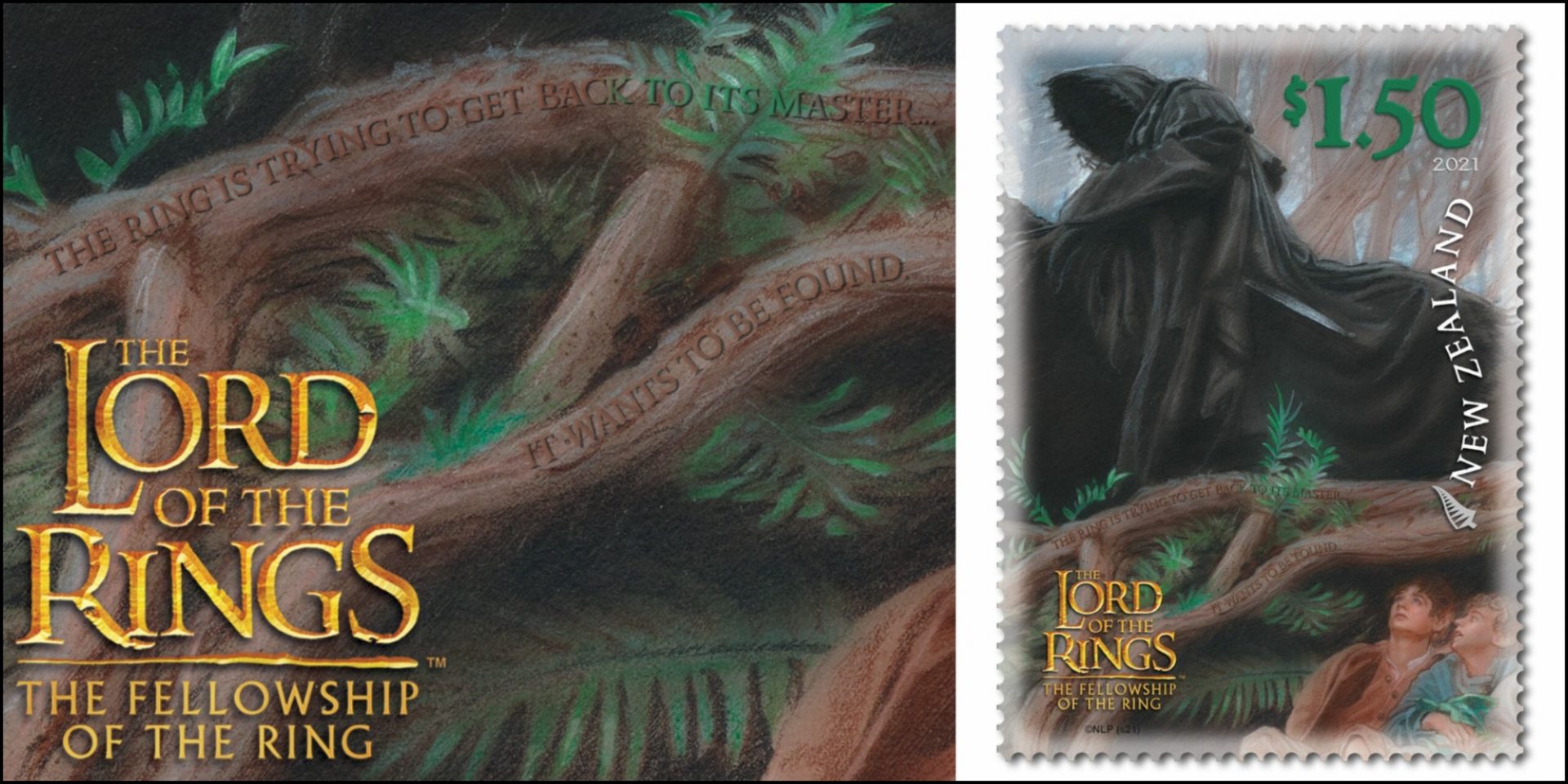 LOTR Stamps - secret message and full stamp, the Nazgul looms over the hobbits
