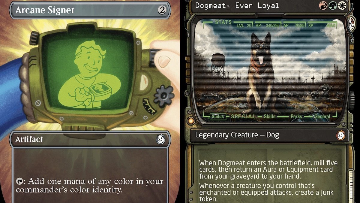 Two cards from Magic: The Gathering's Fallout collection, one with Vault BOy the other with Dogmeat