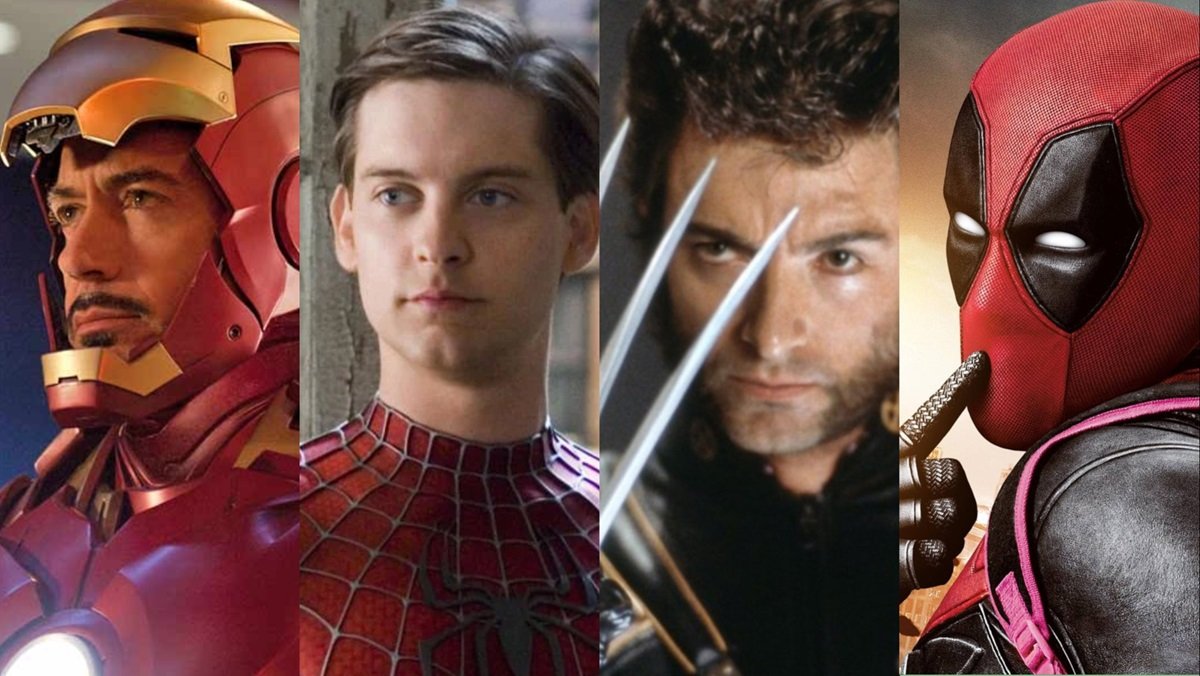 from L to R, Robert Downey Jr. as Iron Man, Tobey Maguire as Spider-Man, Hugh Jackman as Wolverine, and Ryan Reynolds as Deadpool. 