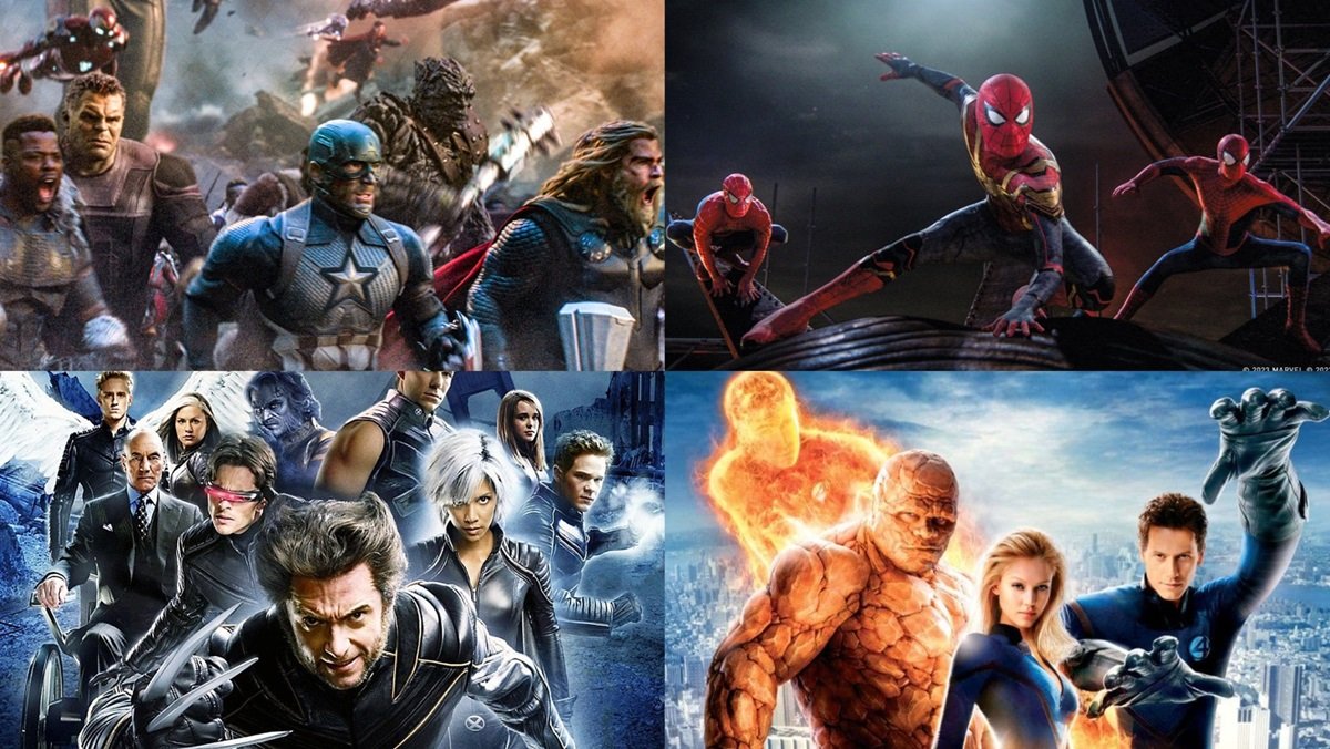 The Avengers in final battle in Avengers: Endgame, the 3 Spider-Mans from Spider-Man: No Way Home, the Fox X-Men, and the Fox Fantastic Four from 2005.