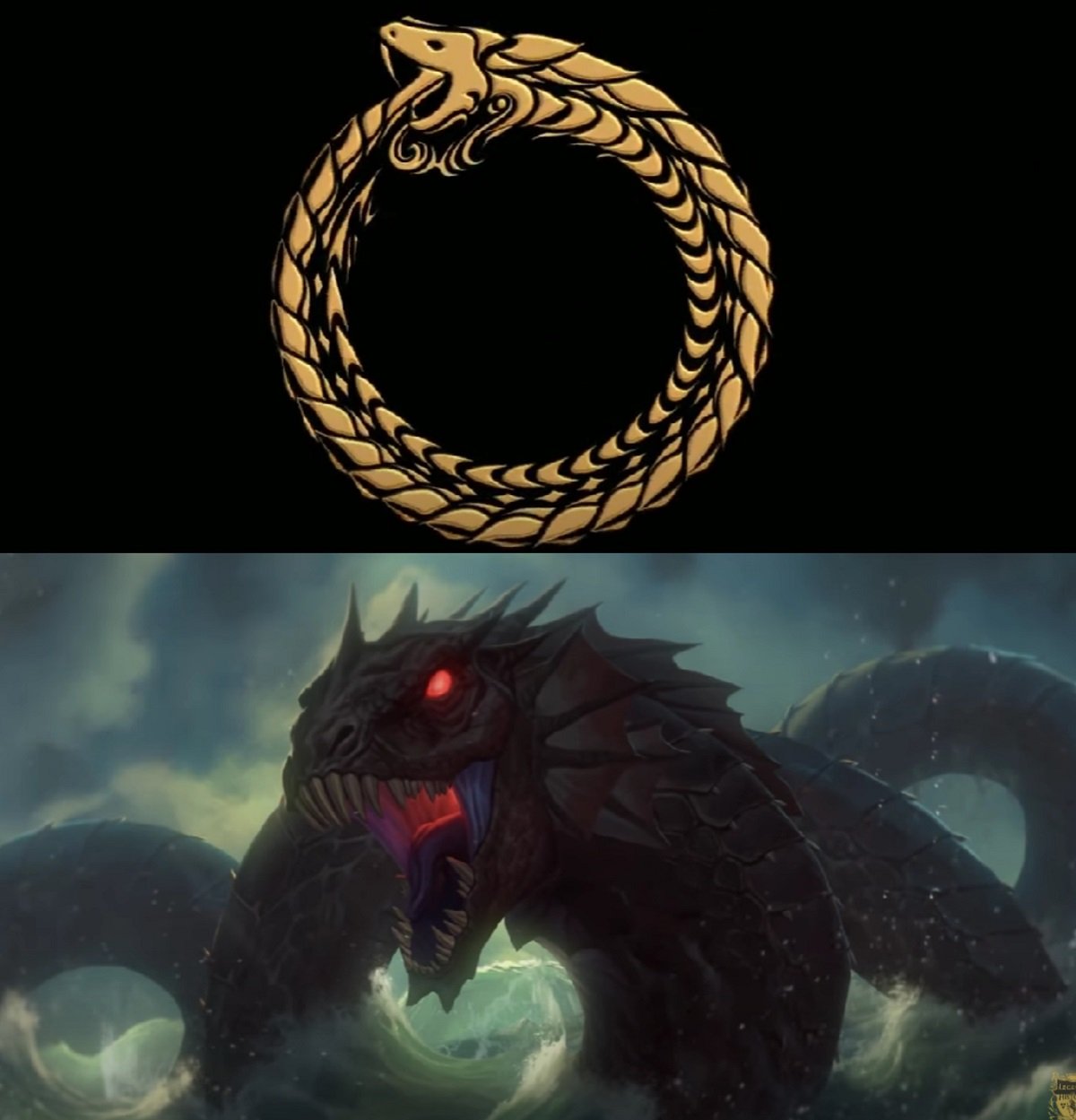 The ancient symbol of Ouroboros, the snake devouring its tail, and the Norse myth of the Midgard Serpent. 