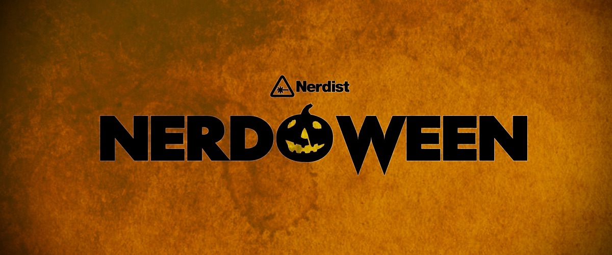 Orange Nerdoween banner with a Pumpkin as the letter O