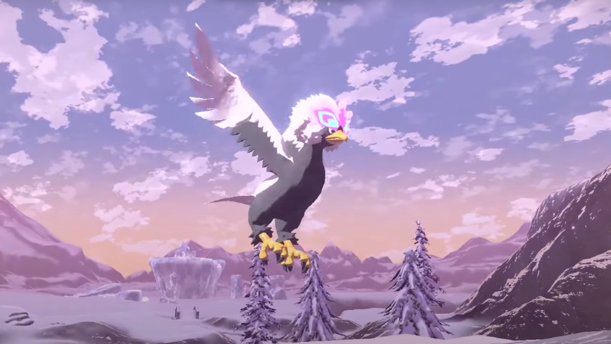 New Pokémon Legends: Arceus Regional form, the Hisuian Braviary - a large bird with big wings flying across a wintery mountaintop